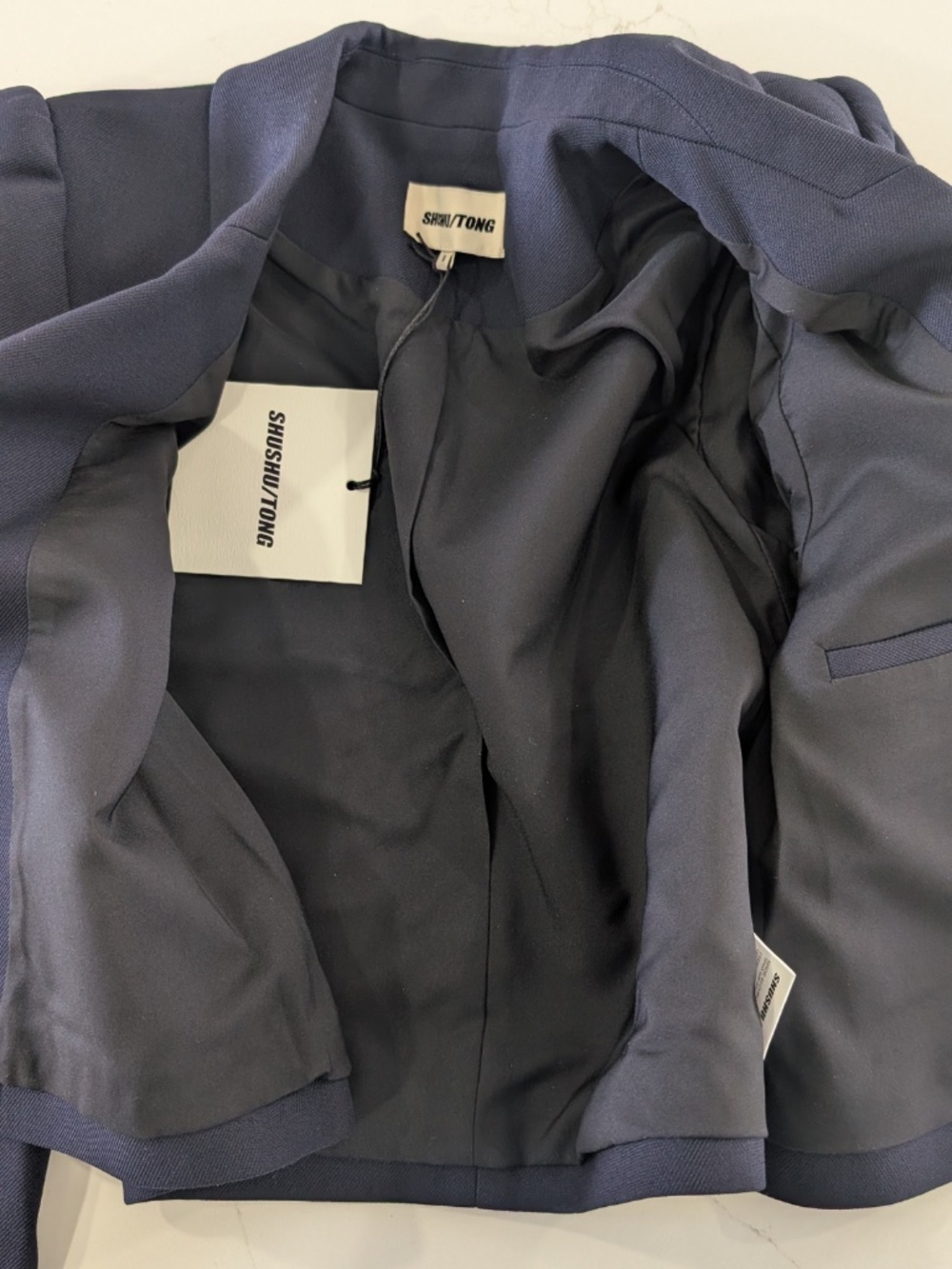 SHUSHU/TONG Cropped Puff Sleeve Blazer Navy Blue Jacket NWT UK 8 Size S - Picture 10 of 14